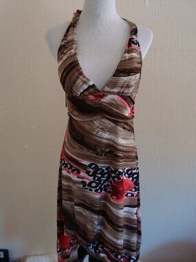NWT Cristina Love Halter Dress Brown Multicolor Shark Bite Hem Sz L